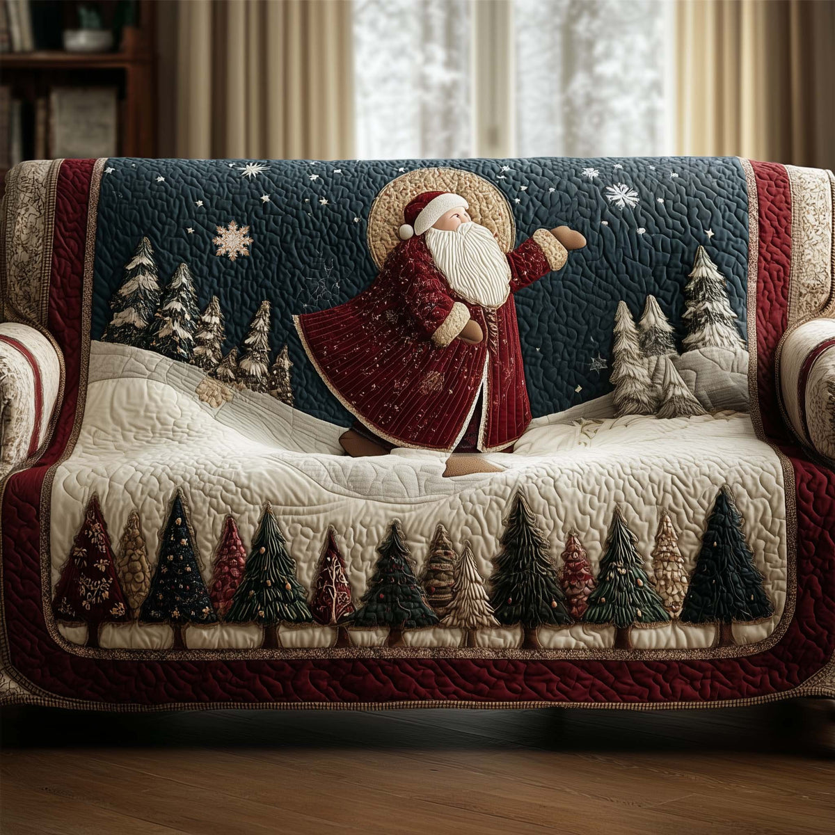 Santa and Sleigh Over the Snowy Hills Sofa Cover