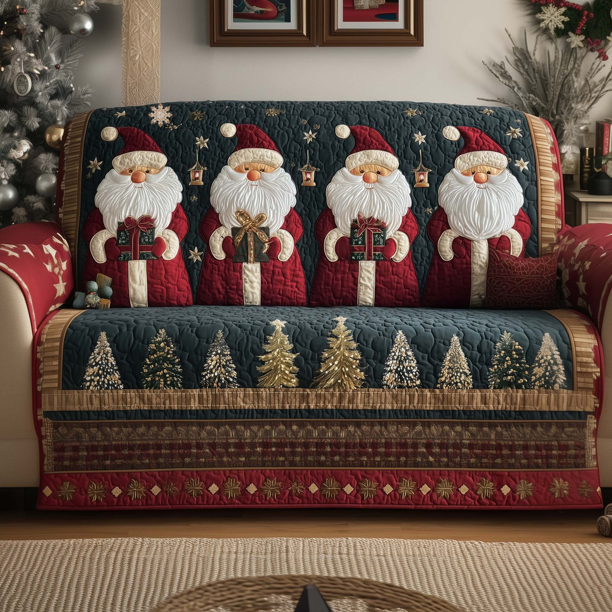 Santa Row Above the Golden Pine Border Sofa Cover
