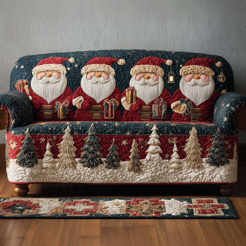 Santas with Gifts Over Snowy Pines Sofa Cover
