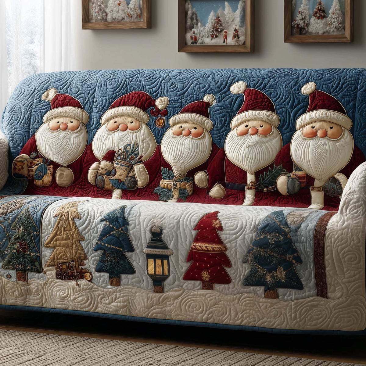 Santas Above the Lantern and Tree Blocks Sofa Cover
