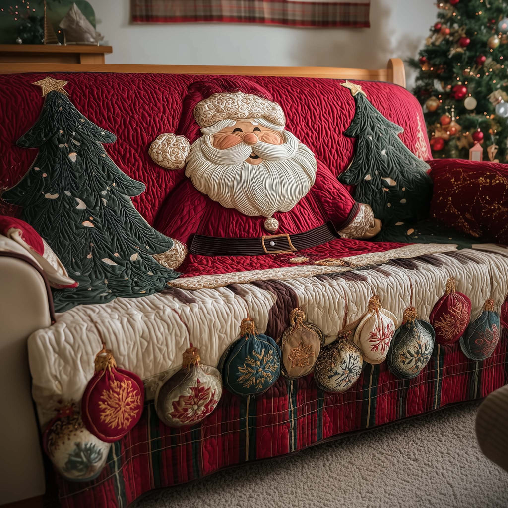 Santa with Plaid and Ornament Border Sofa Cover