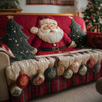 Santa with Plaid and Ornament Border Sofa Cover