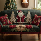 Santa Between Cream Pines and Poinsettias Sofa Cover
