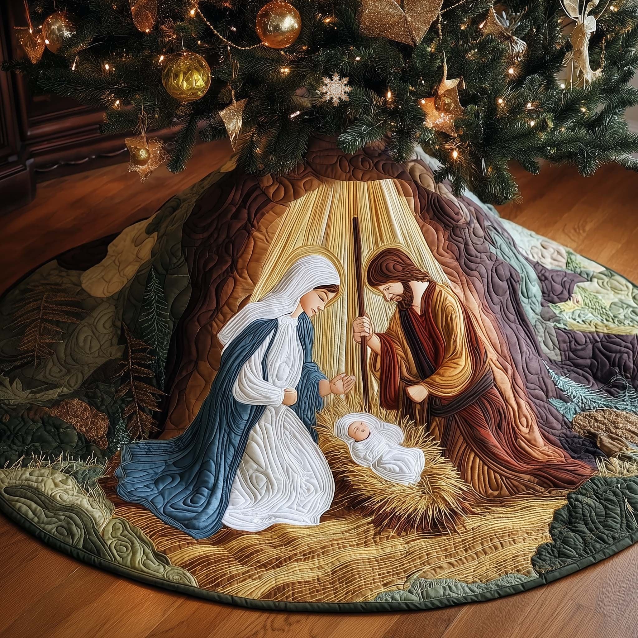 Nativity in a Golden Cave Christmas Tree Skirt