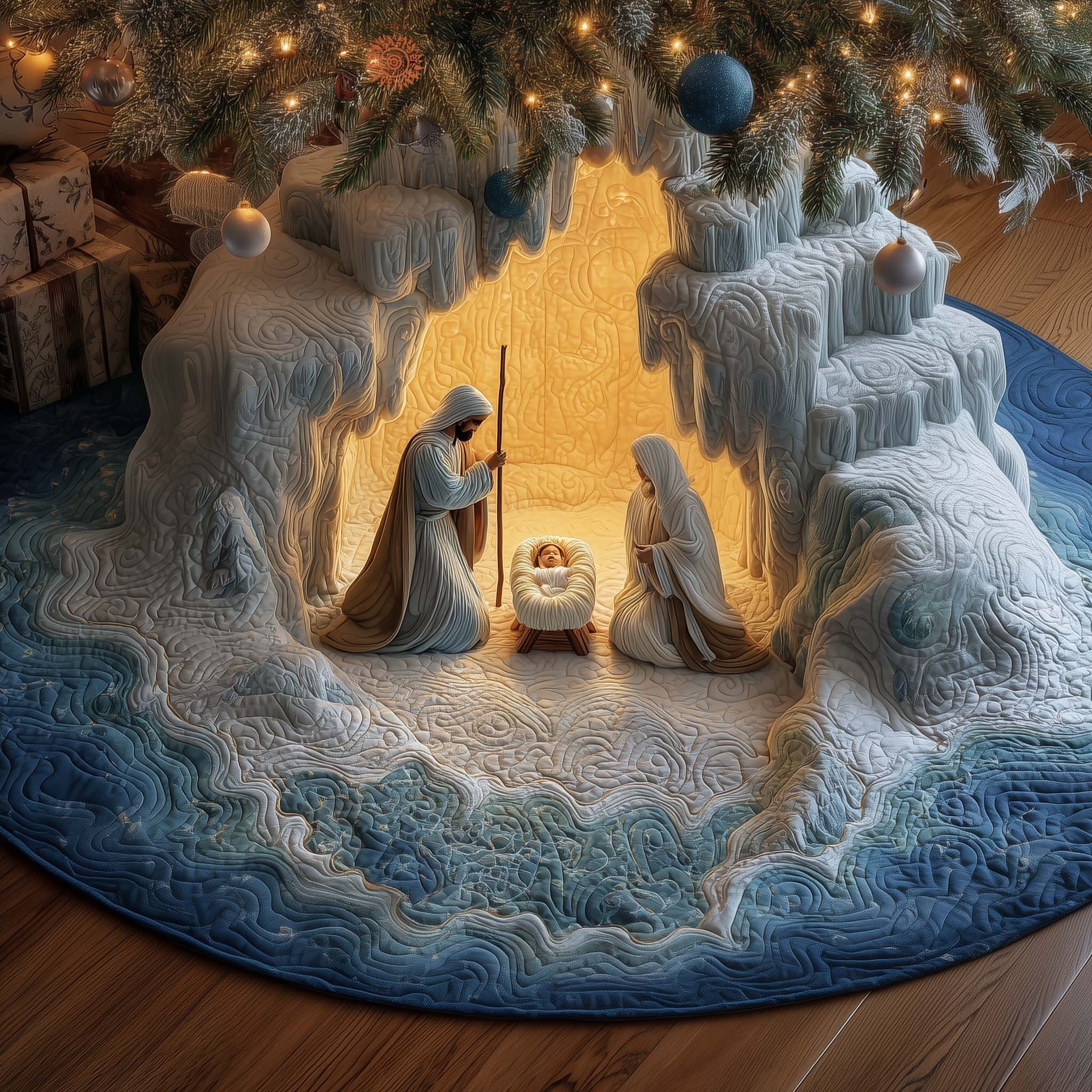 Nativity in a White Ice Grotto Christmas Tree Skirt