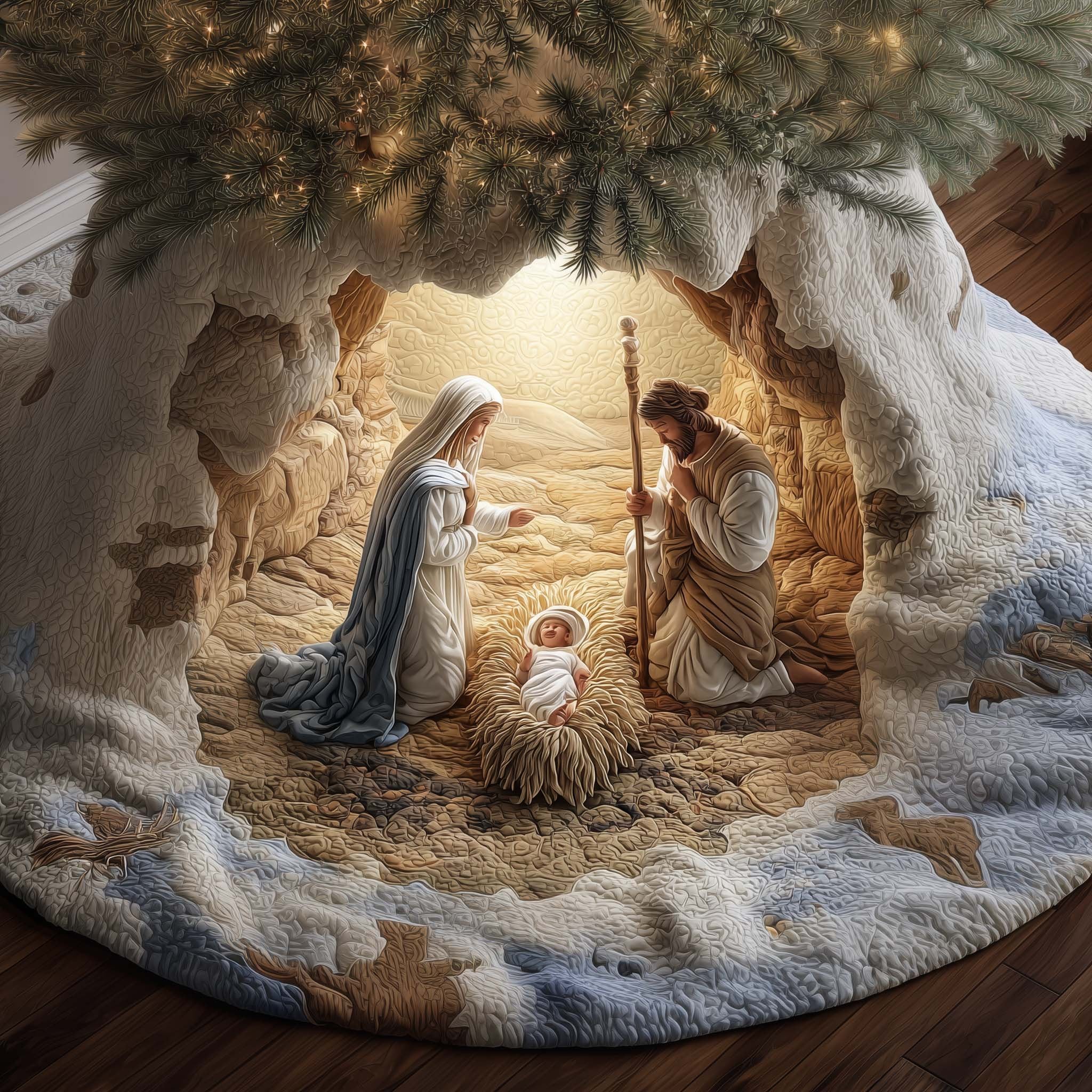 Nativity in a Pale Stone Cave Christmas Tree Skirt