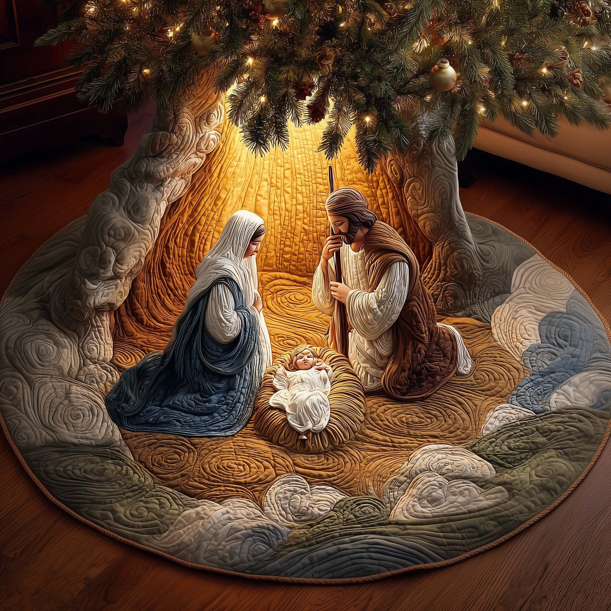 Nativity in Blue and Cream Christmas Tree Skirt