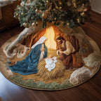 Nativity on Straw with Green Border Christmas Tree Skirt