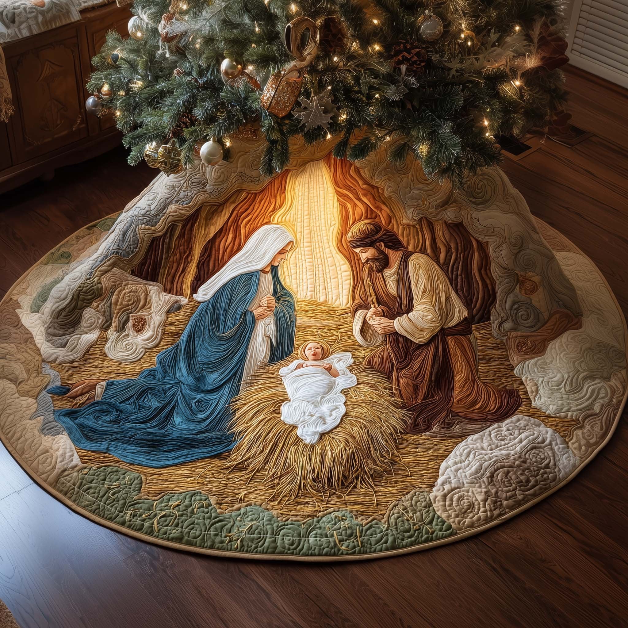 Nativity on Straw with Green Border Christmas Tree Skirt