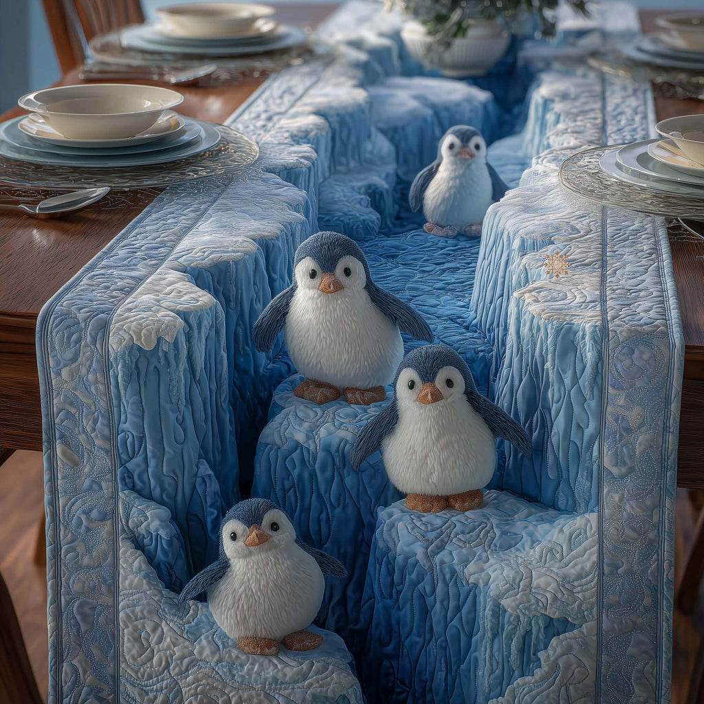 Penguins on Blue Ice Ledges Table Runner
