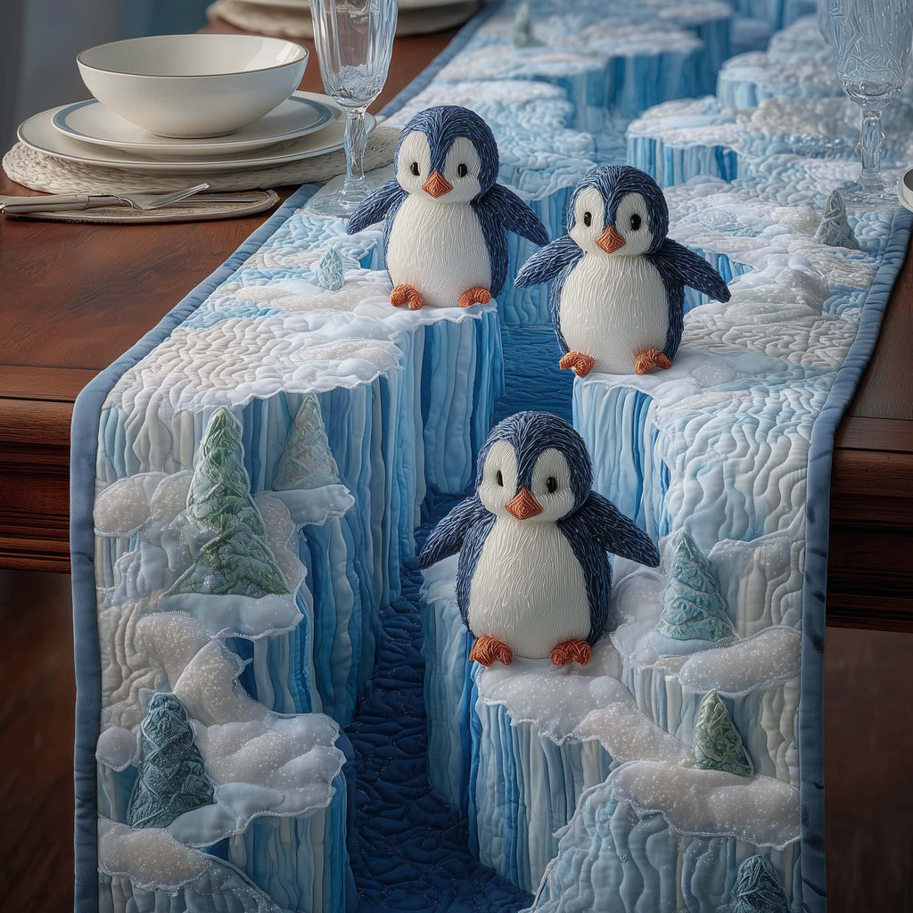 Penguins on Snowy Ice Cliffs Table Runner