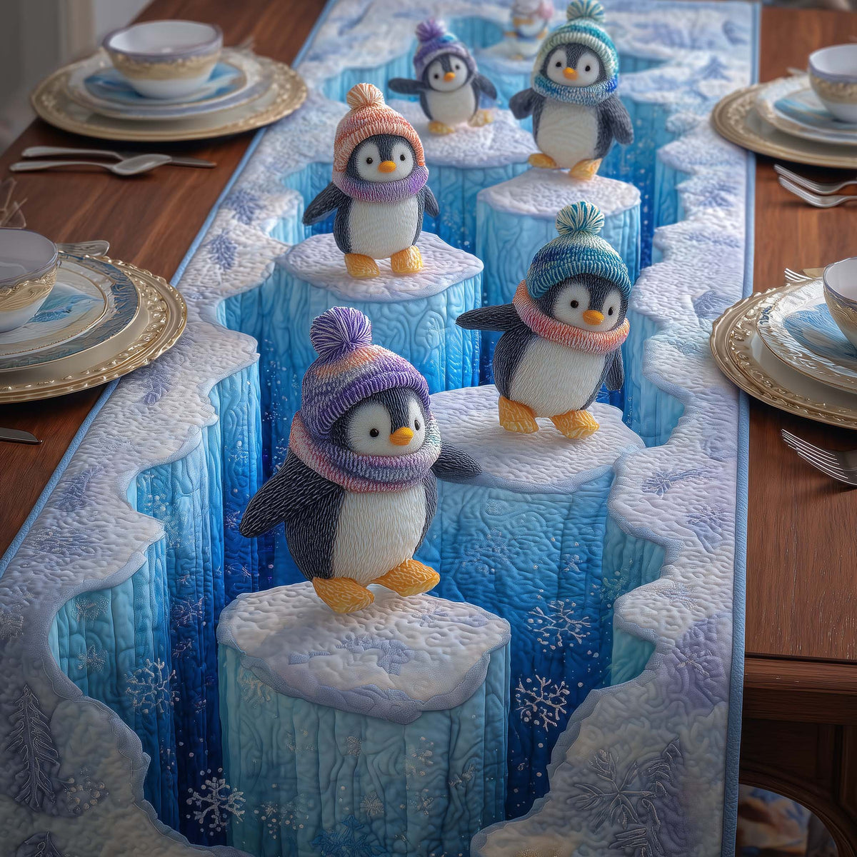 Penguins in Winter Hats on Ice Table Runner