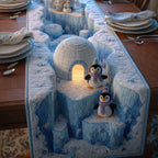 Penguins Beside a Glowing Igloo Table Runner