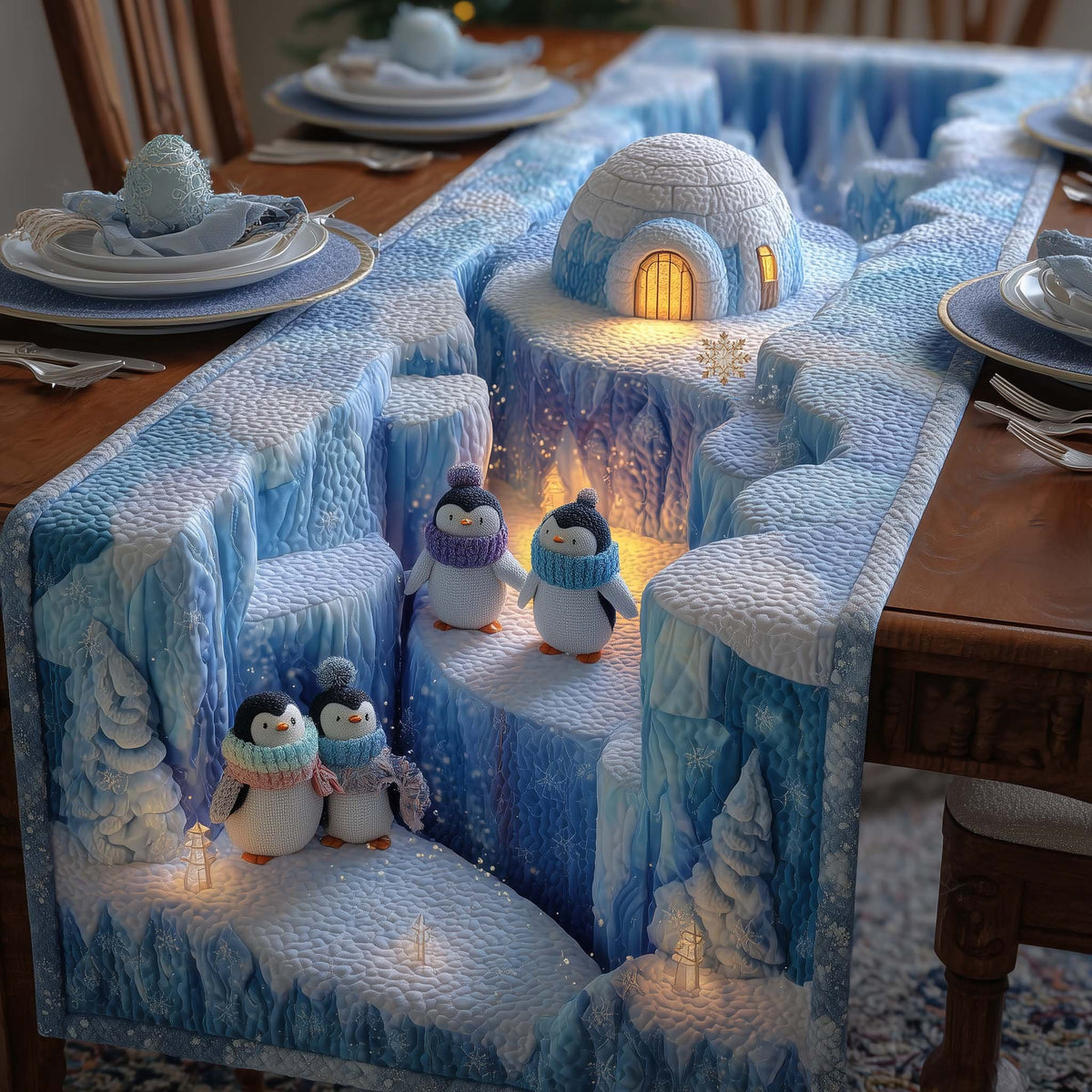 Penguins in Lit Ice Cave Table Runner