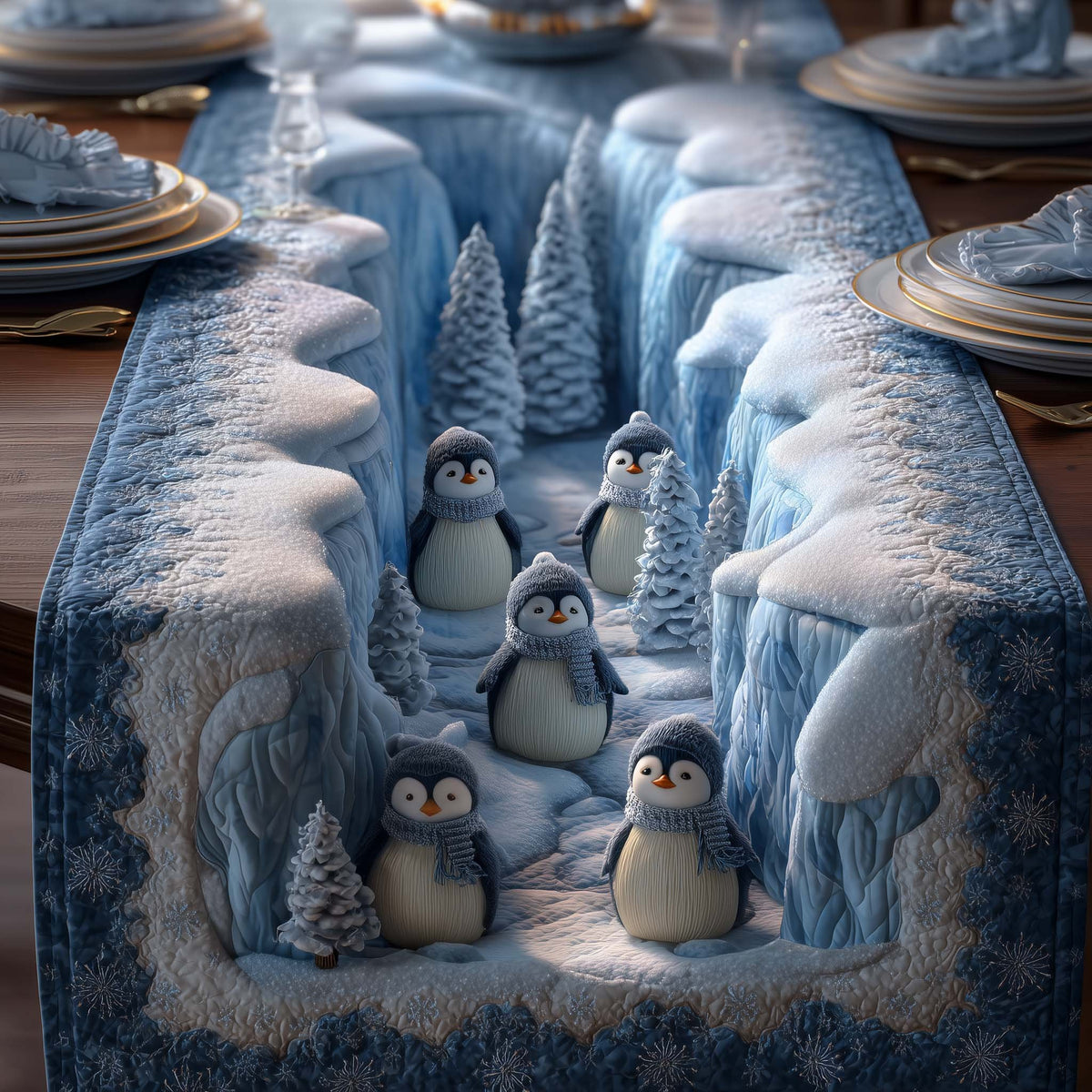Penguin Family Among Snowy Pines Table Runner