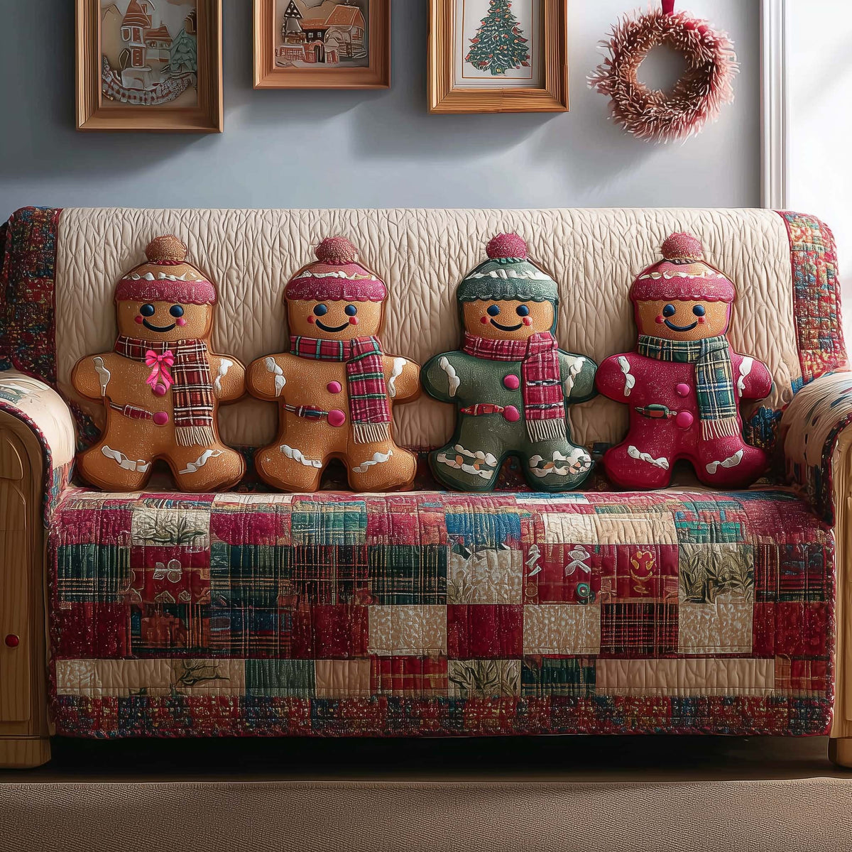 Gingerbread People in Winter Scarves Sofa Cover