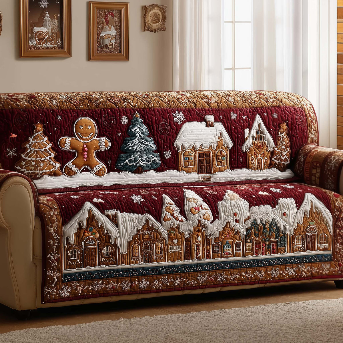 Gingerbread Village on Red Quilt Sofa Cover