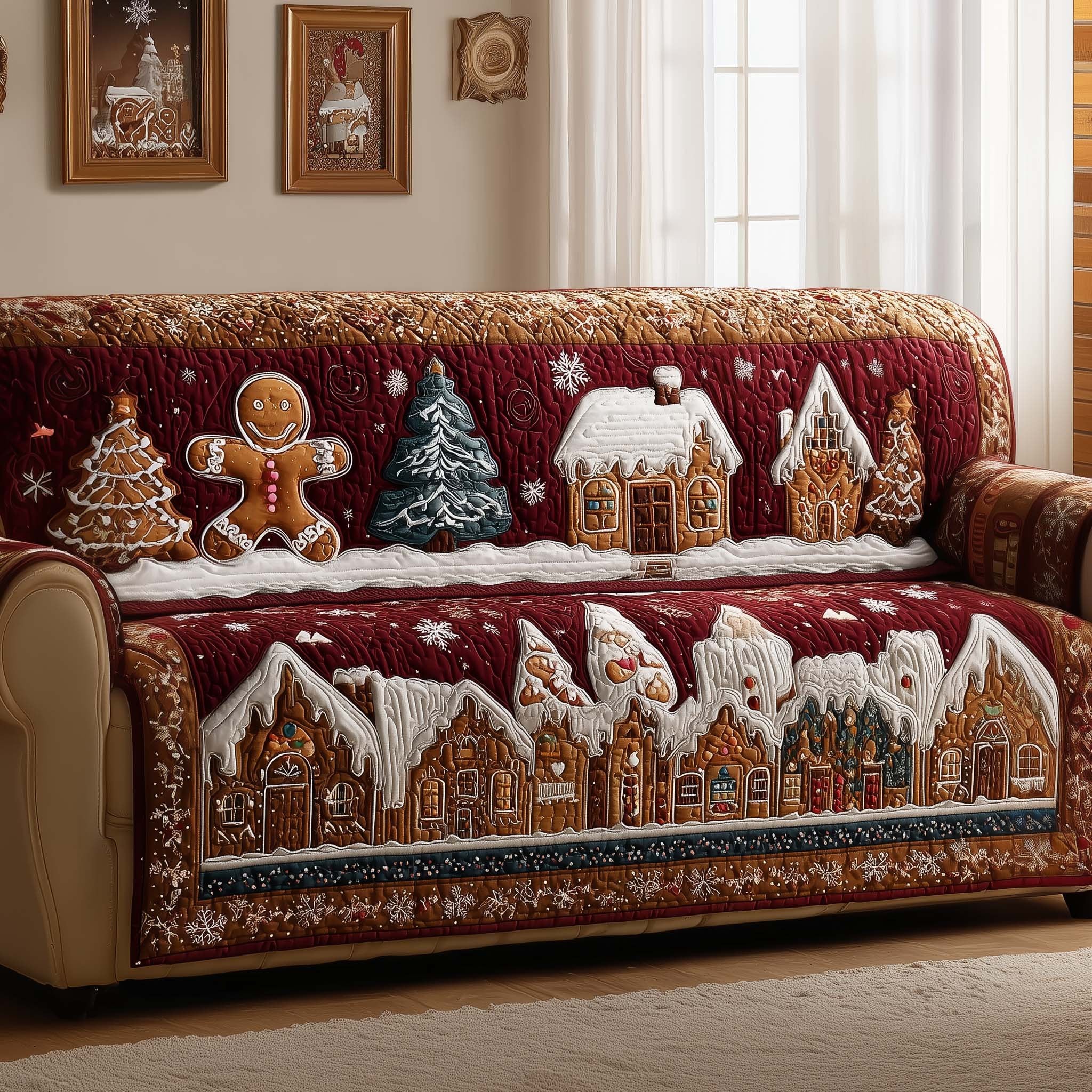 Gingerbread Village on Red Quilt Sofa Cover