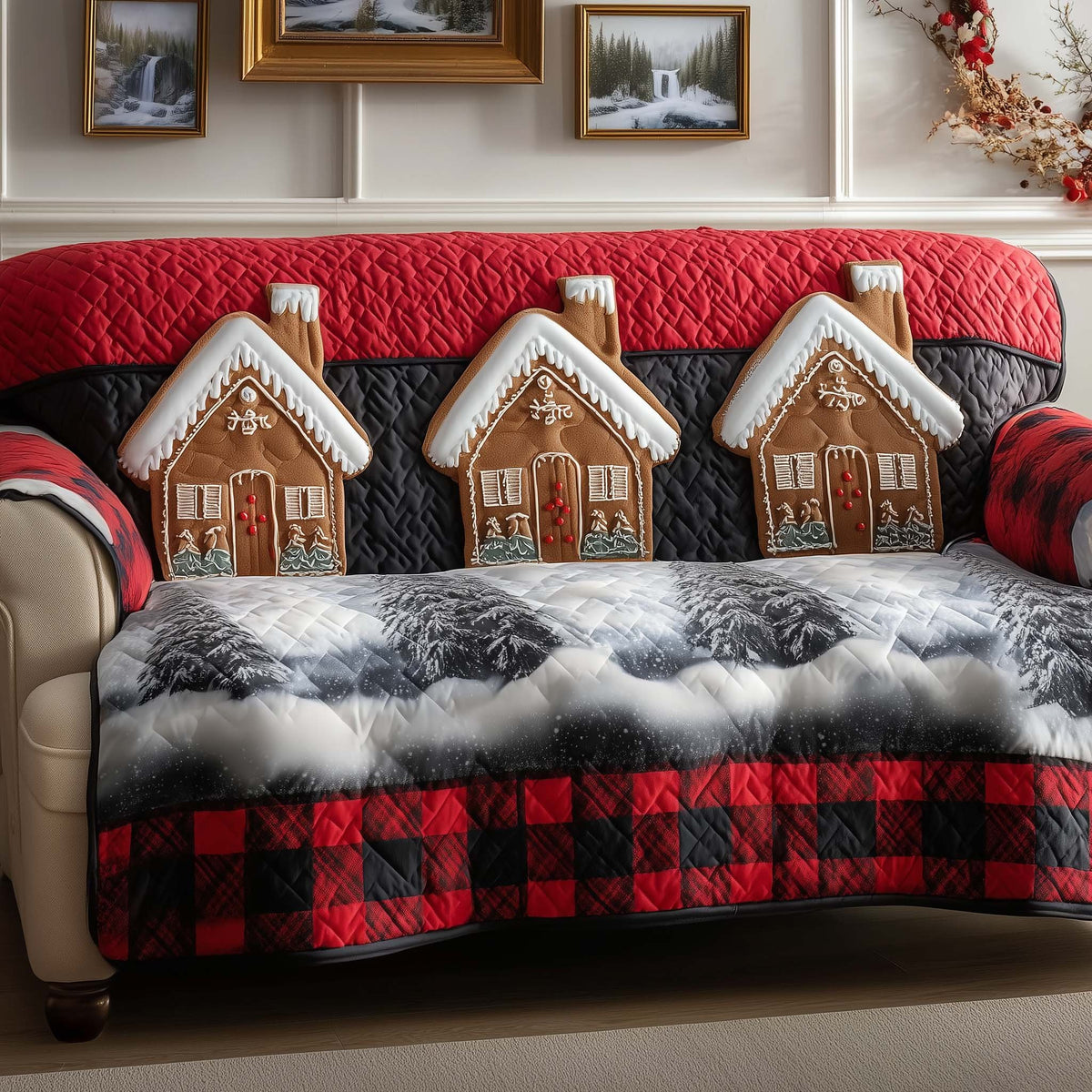 Gingerbread Houses on Buffalo Plaid Sofa Cover