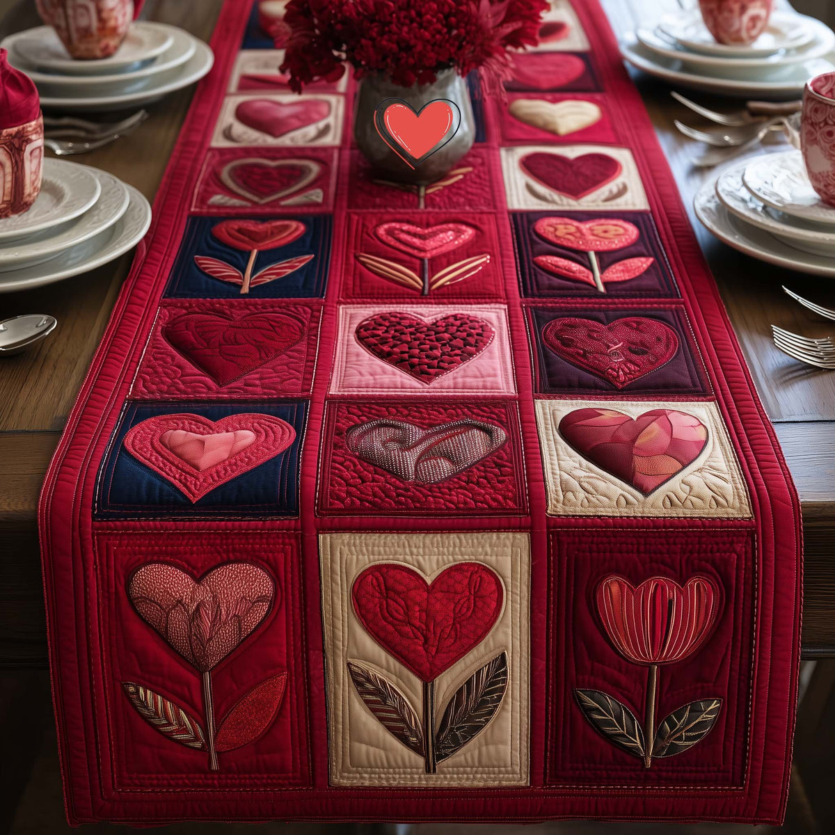 Red Heart Squares with Tulips Table Runner