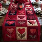 Red Heart Squares with Tulips Table Runner