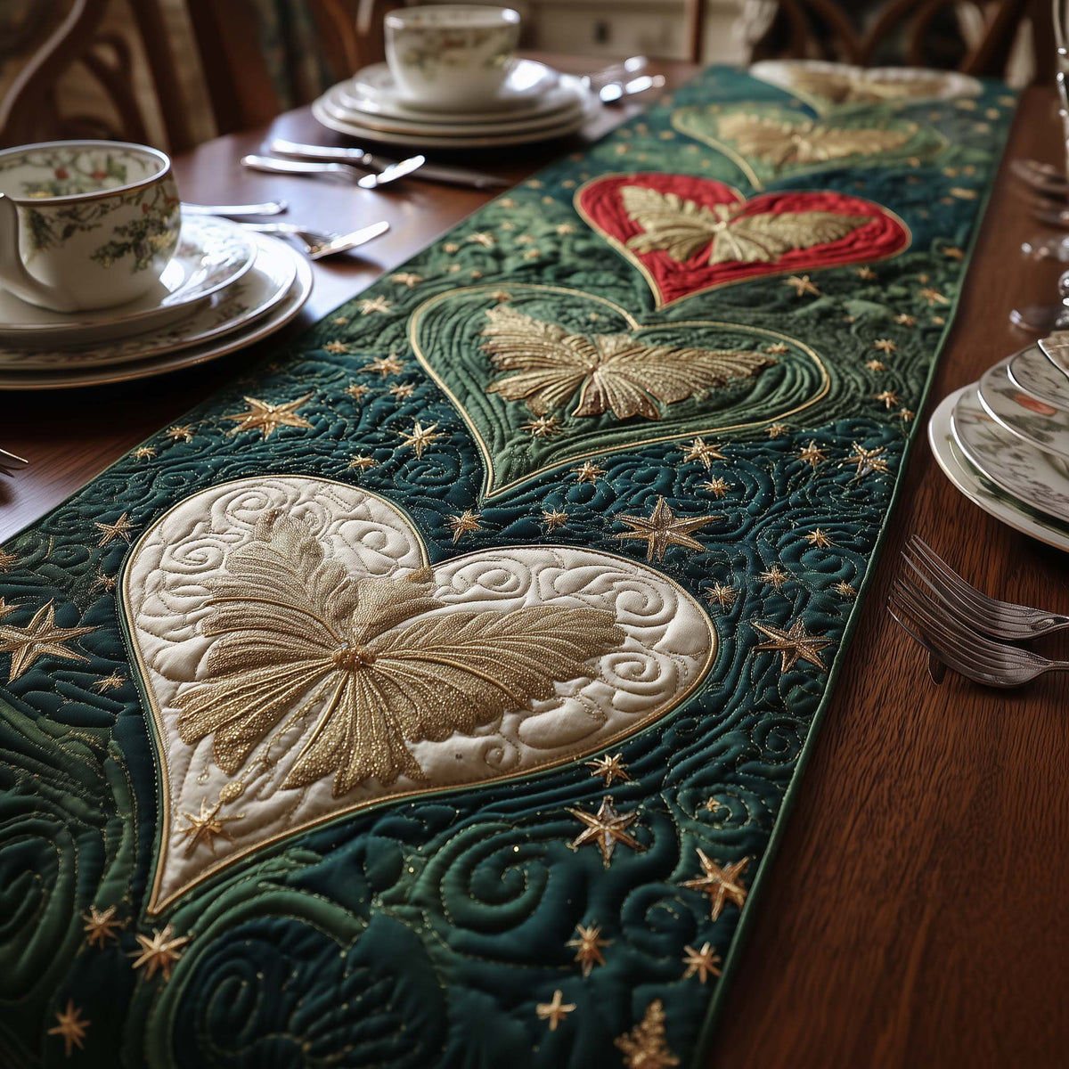 Cream Heart on Green Starry Ground Table Runner