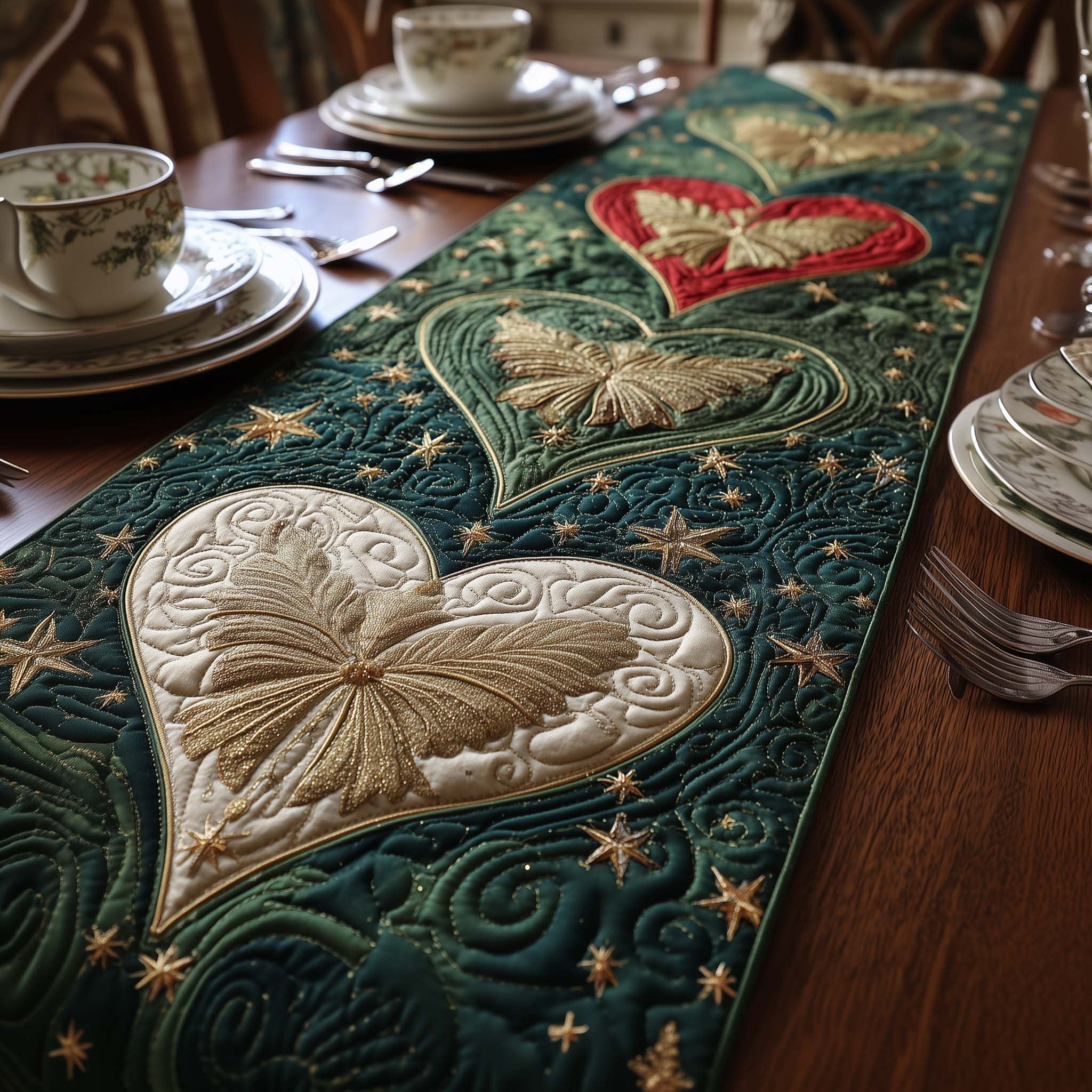 Cream Heart on Green Starry Ground Table Runner