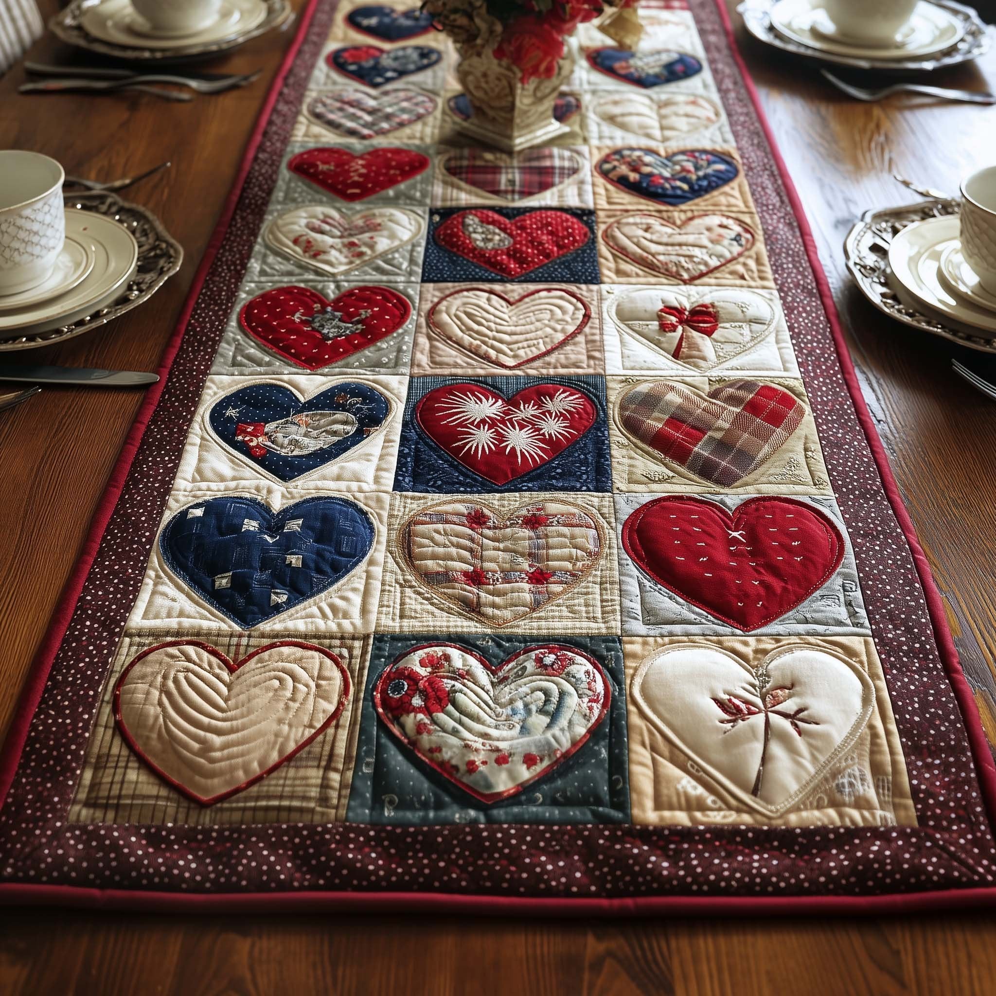 Heart Squares on Cream Patchwork Table Runner