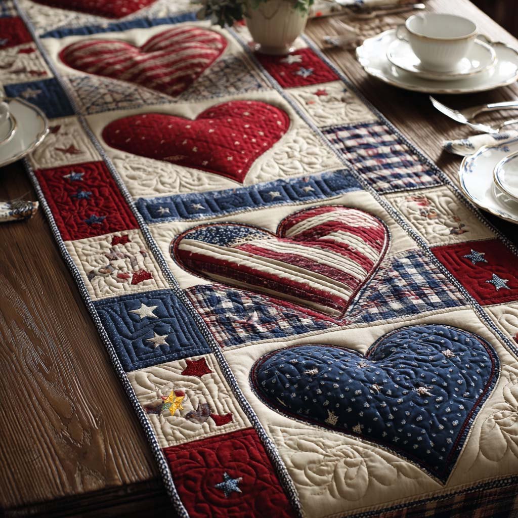 Patriotic Hearts with Stars and Stripes Table Runner