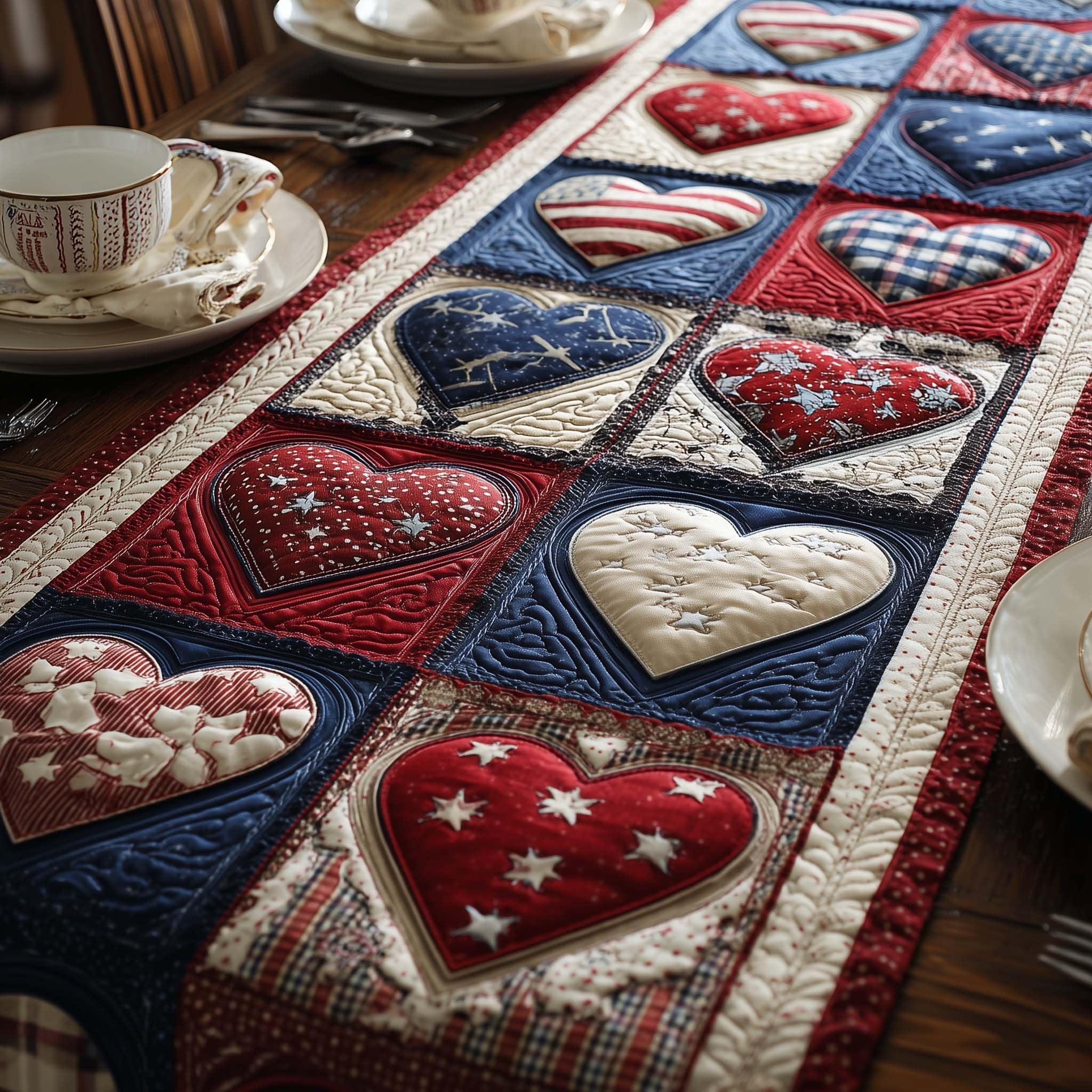 Red White and Blue Heart Blocks Table Runner