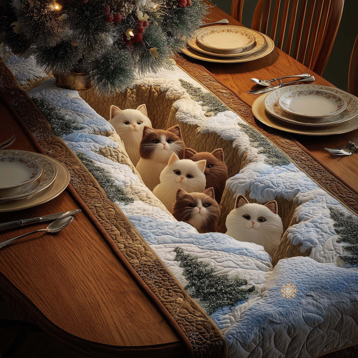 Fluffy Cats in Snowy Hollow Table Runner