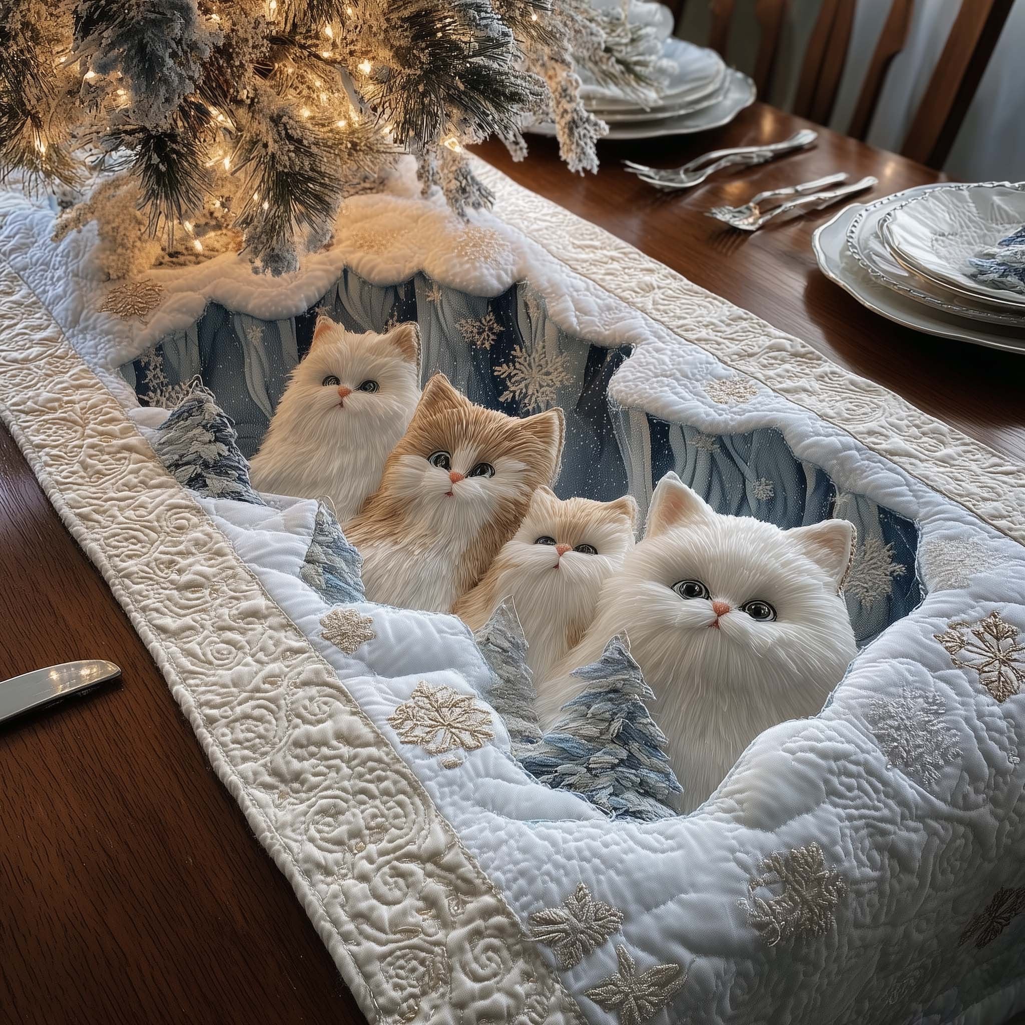 White Cats Nestled in Snow Table Runner
