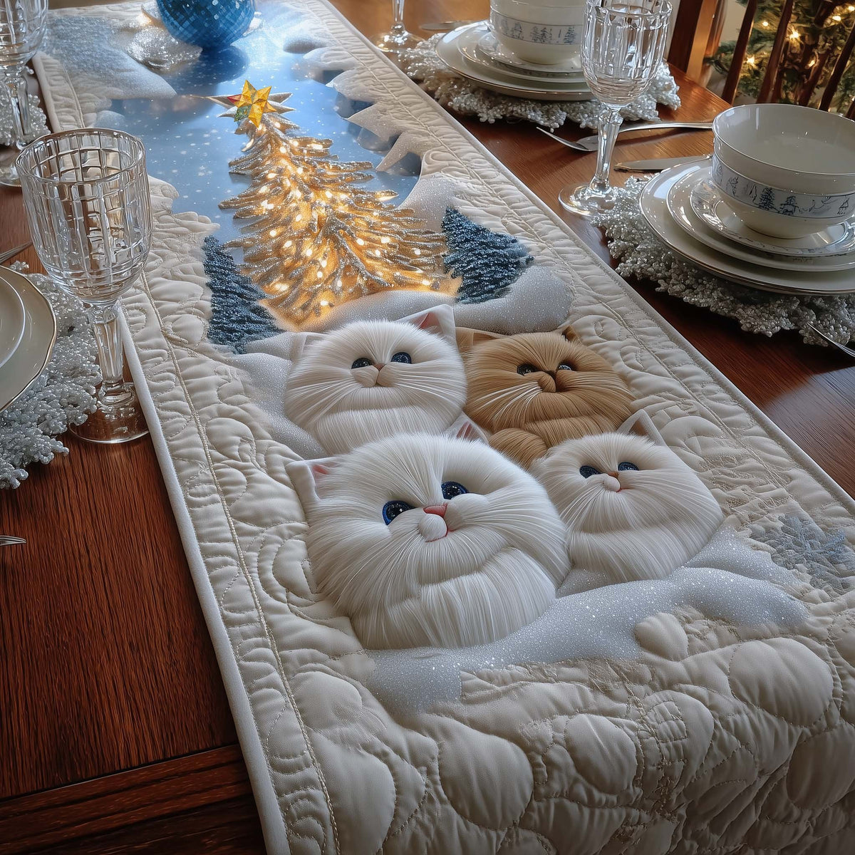 Two White Cats Under Fairy Lights Table Runner