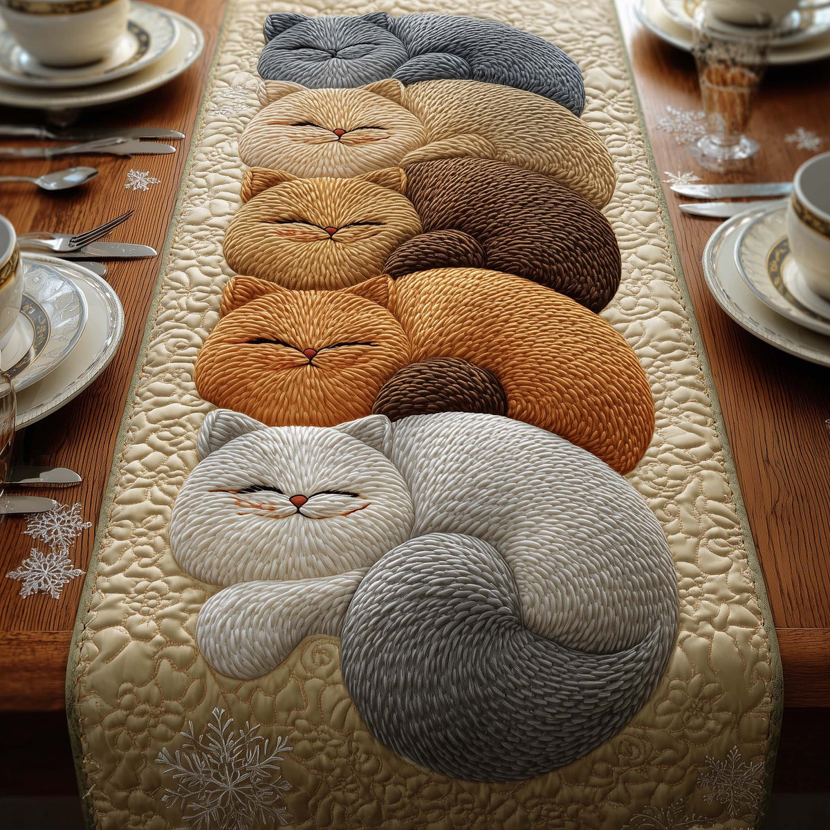Sleeping Cats in Cream and Brown Table Runner