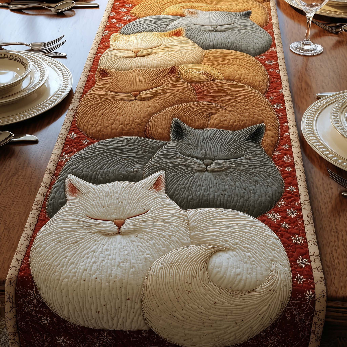 Curled Sleeping Cats on Ivory Table Runner