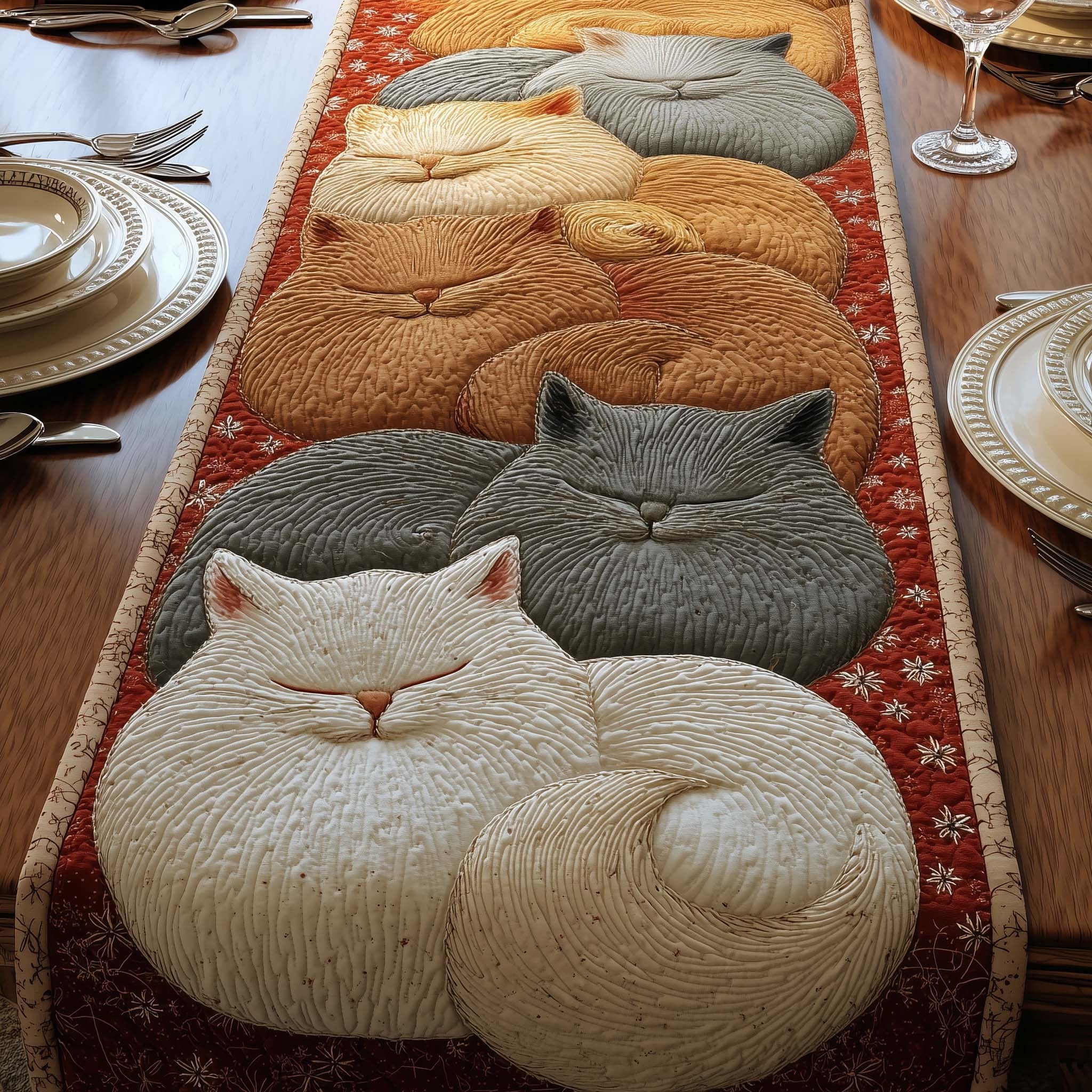 Curled Sleeping Cats on Ivory Table Runner