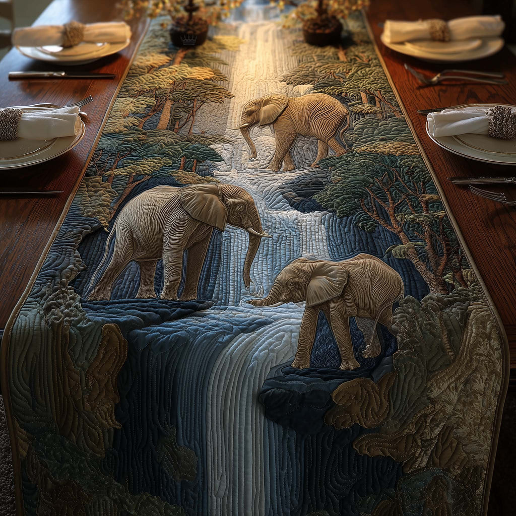 Elephants Beside a Blue Waterfall Table Runner