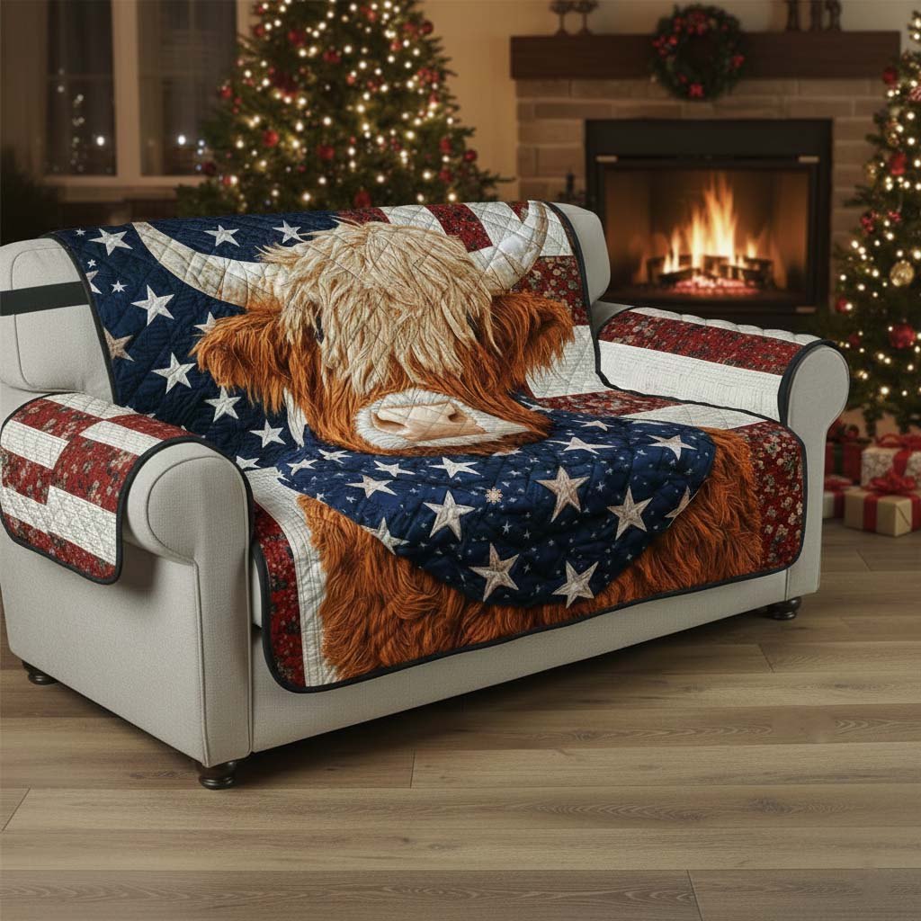 Highland Cow on the American Flag Sofa Cover