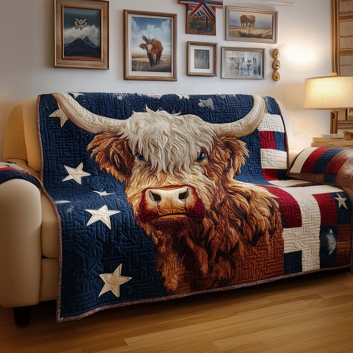 Highland Cow on Navy with Stars Sofa Cover