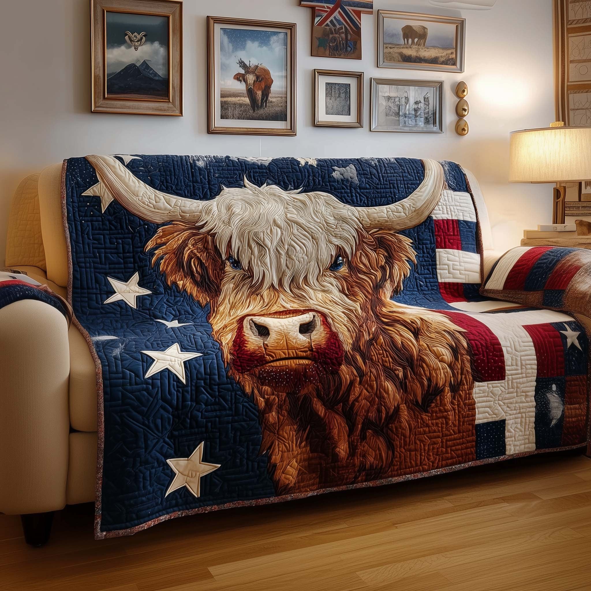 Highland Cow on Navy with Stars Sofa Cover