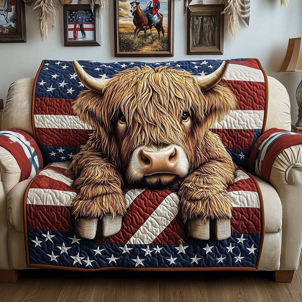 Highland Cow on Stars and Stripes Sofa Cover