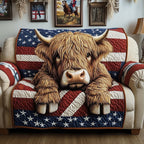 Highland Cow on Stars and Stripes Sofa Cover