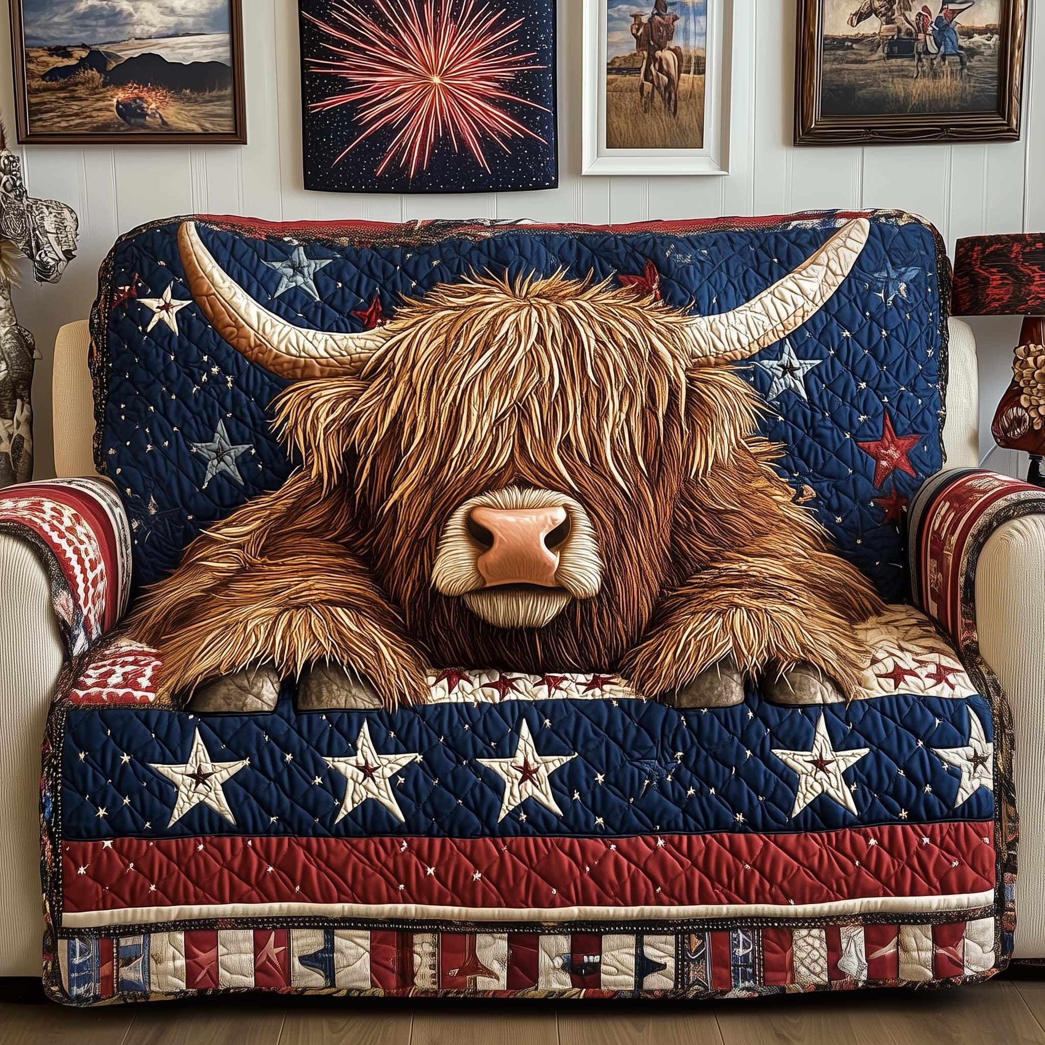 Highland Cow Above Red and Navy Stripes Sofa Cover