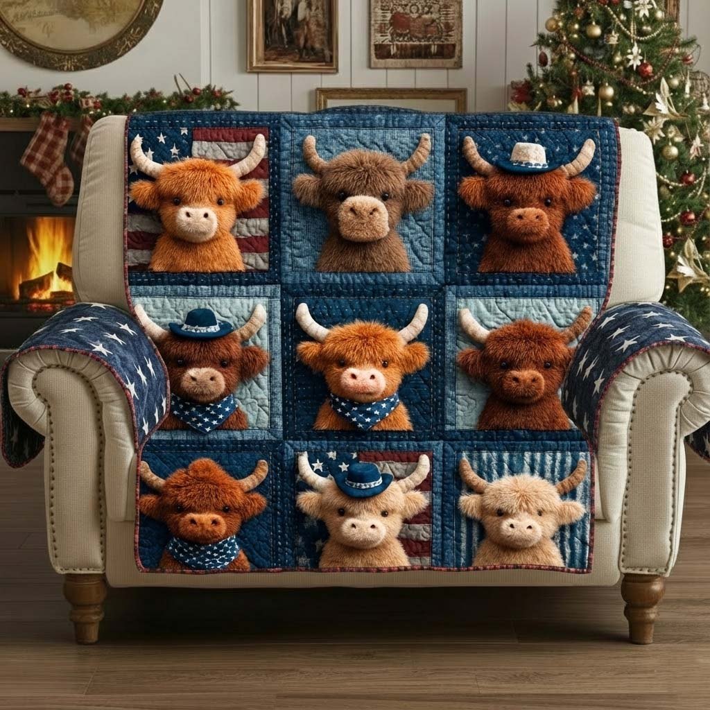 Highland Cows in Hats on Blue Squares Sofa Cover