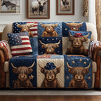 Highland Cows on Patriotic Squares Sofa Cover