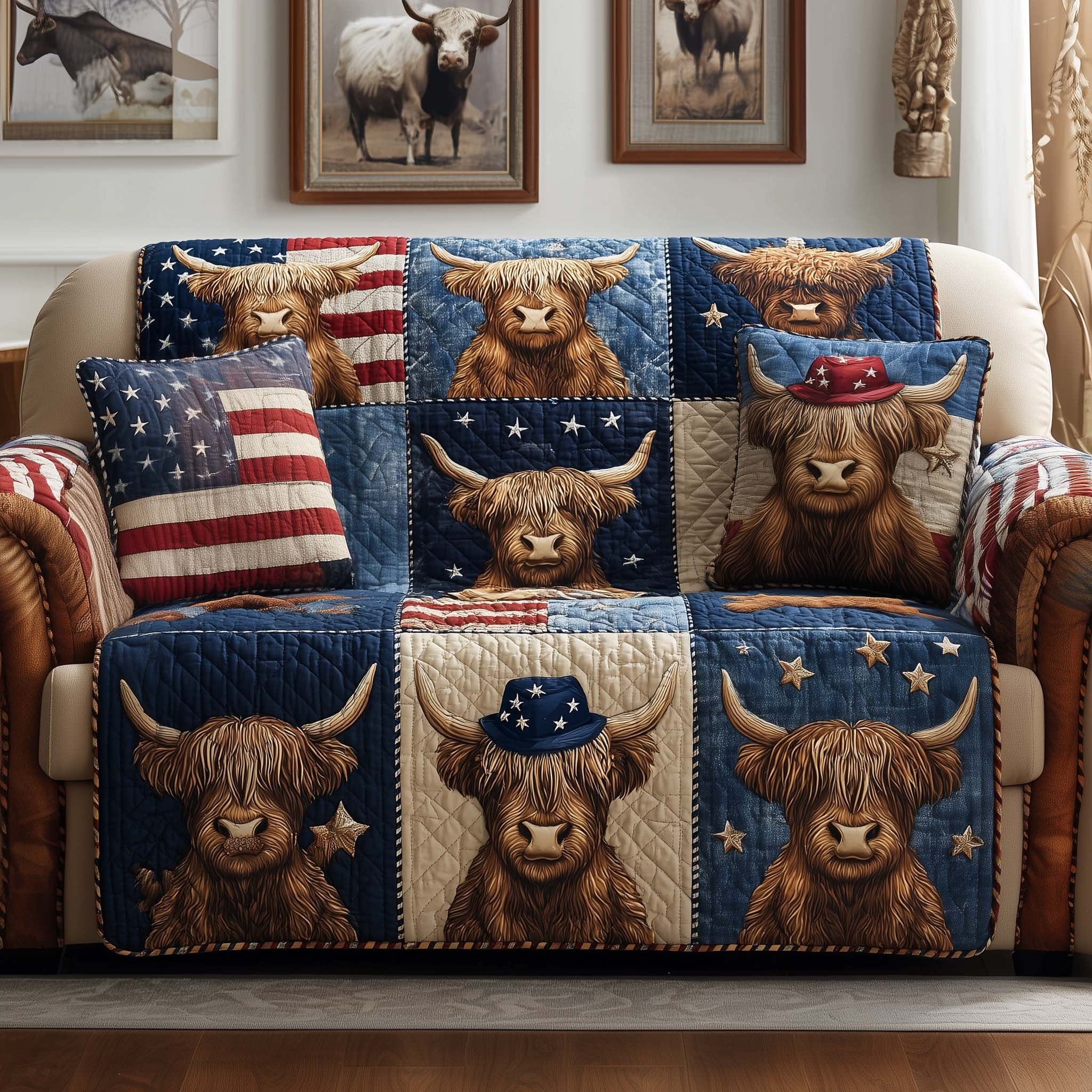 Highland Cows on Patriotic Squares Sofa Cover