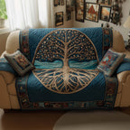 Teal Tree of Life with Spreading Roots Sofa Cover