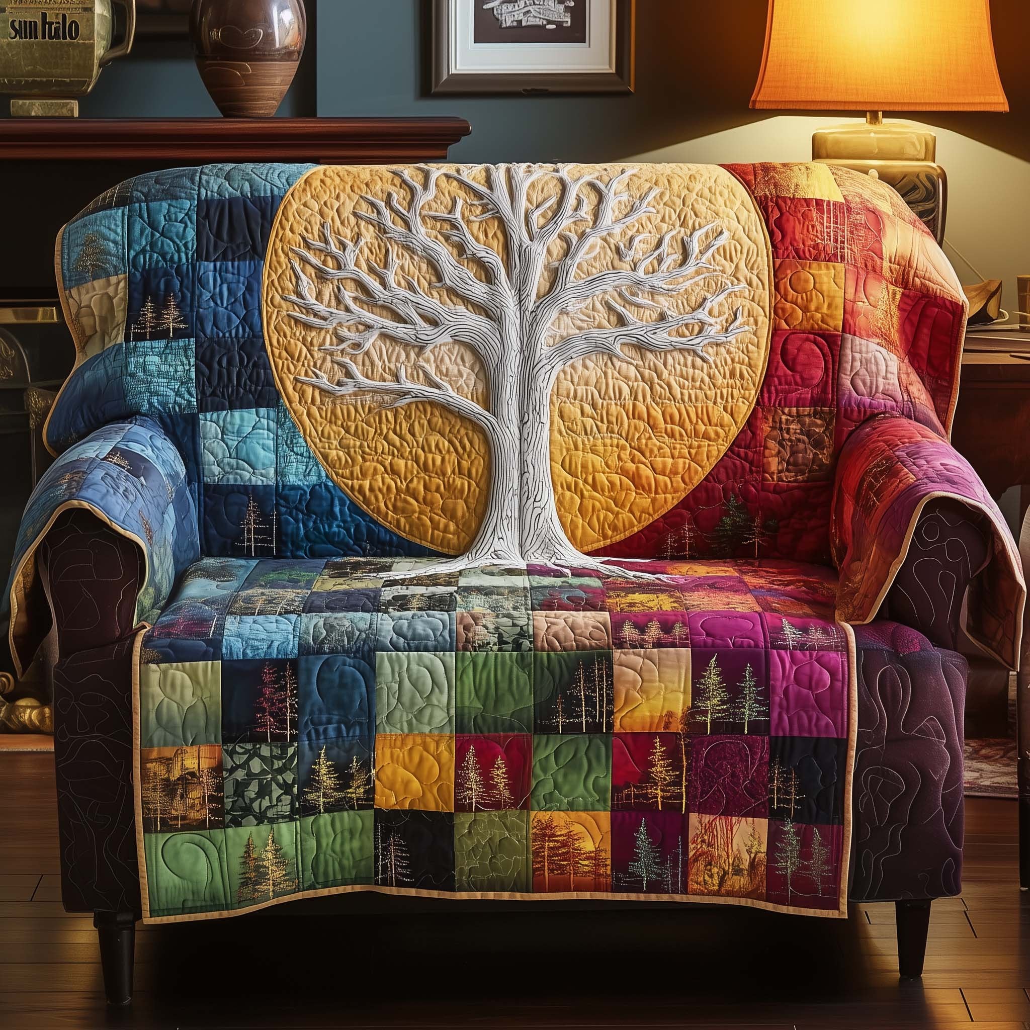 White Tree on Gold Over Jewel Patchwork Sofa Cover