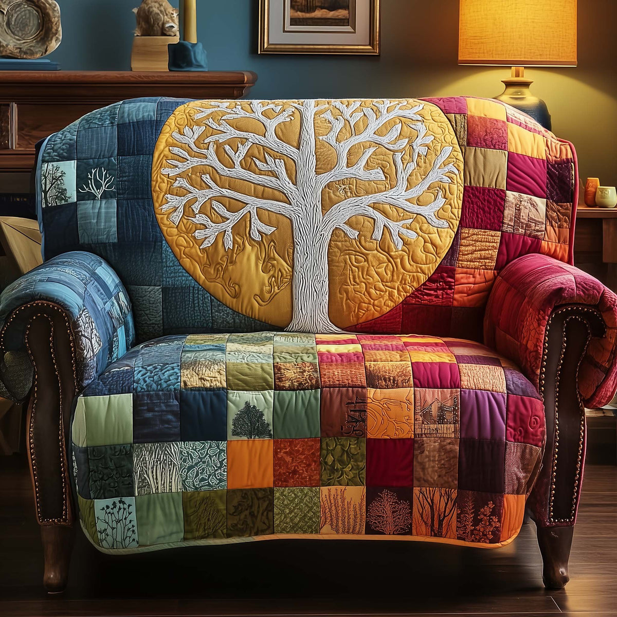 Bare White Tree Above Warm Squares Sofa Cover