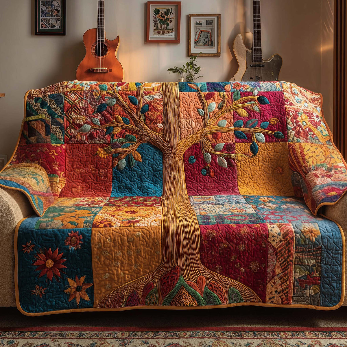Orange Tree Over Bright Folk Patchwork Sofa Cover